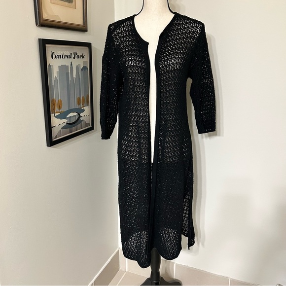 J Jill black long crochet knit open front sweater SZ M - Picture 1 of 5